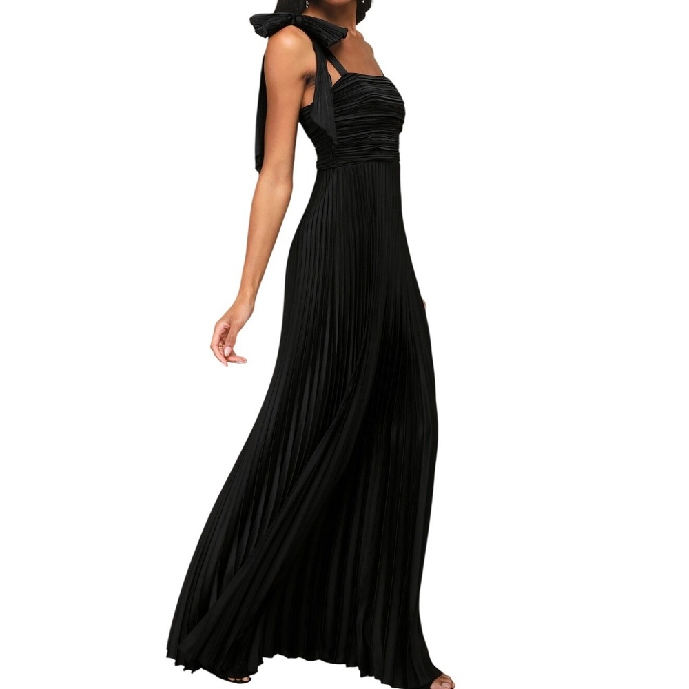 NWT Lulus Gorgeous Purpose Black Satin Pleated Sleeveless Bow Maxi Dress 3X